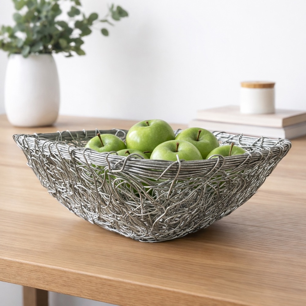 Modern Industrial Sculptural Wire Bowl 13.5” Silver Metal Centerpiece Decor
